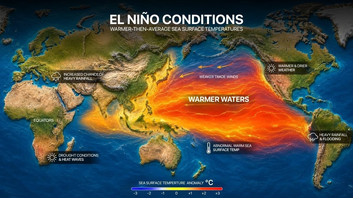 El Niño is a natural climate pattern that shows up every few years when the surface waters of the central and eastern tropical Pacific Ocean run warmer than average. 